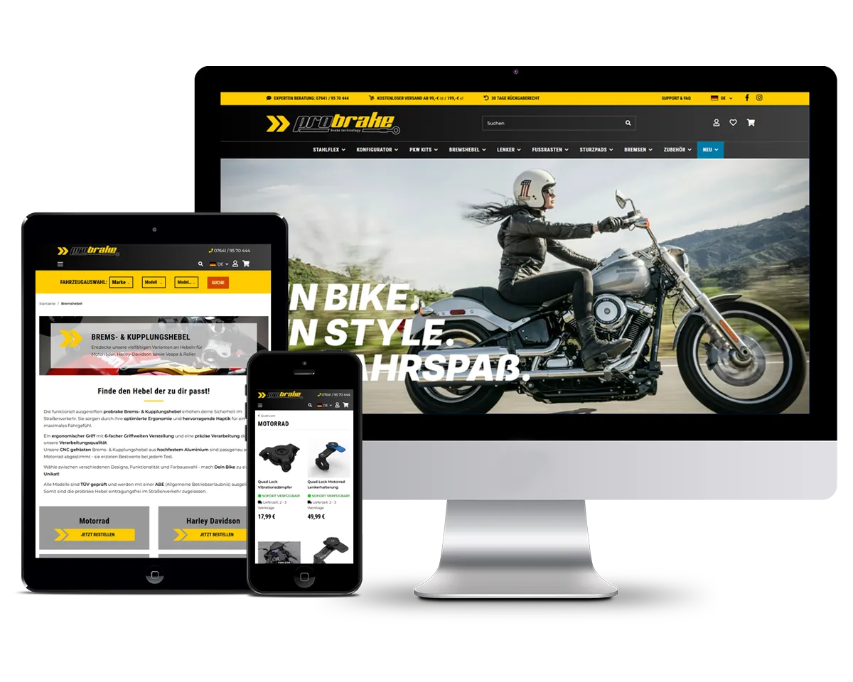 mockup-probrake-2024 Bild das den Onlineshop von probrake.de auf verschiedenen Endgeräten darstellt